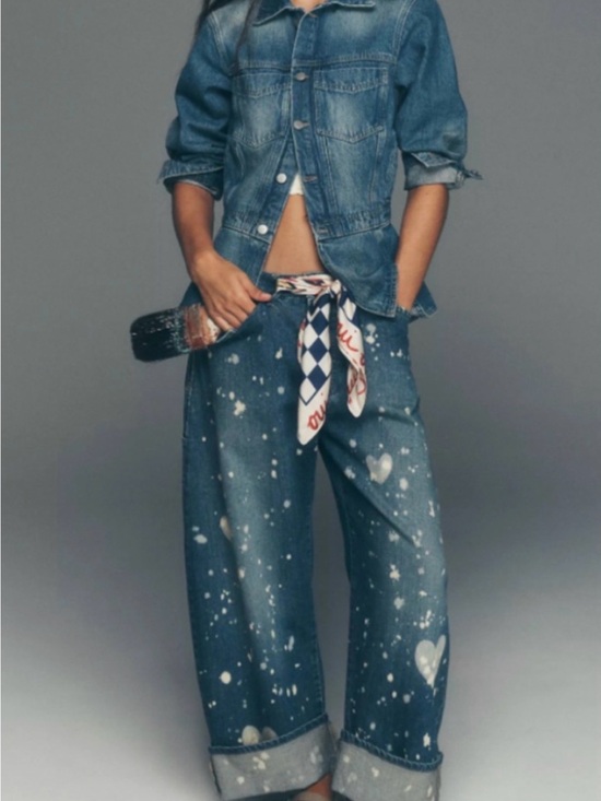 Pilcro Denim - Pilcro Blue Denim Wide-Leg Jeans with White Paint-Splatter and Heart Details